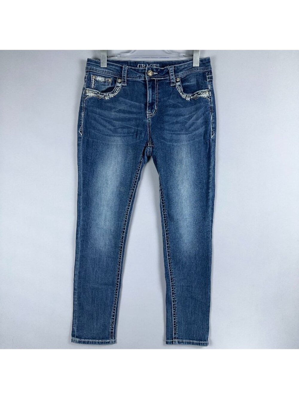 Grace In LA Jeans Womens Size 31 Embellished Pockets Skinny Leg Blue Medium Wash